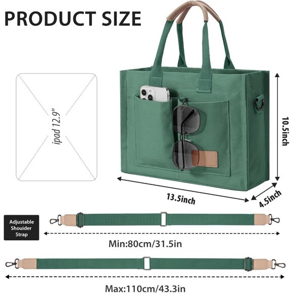 Women's Dark Green Canvas Tote Pockets Handle Crossbody Shoulder Satchel Bag - Picture 3 of 7